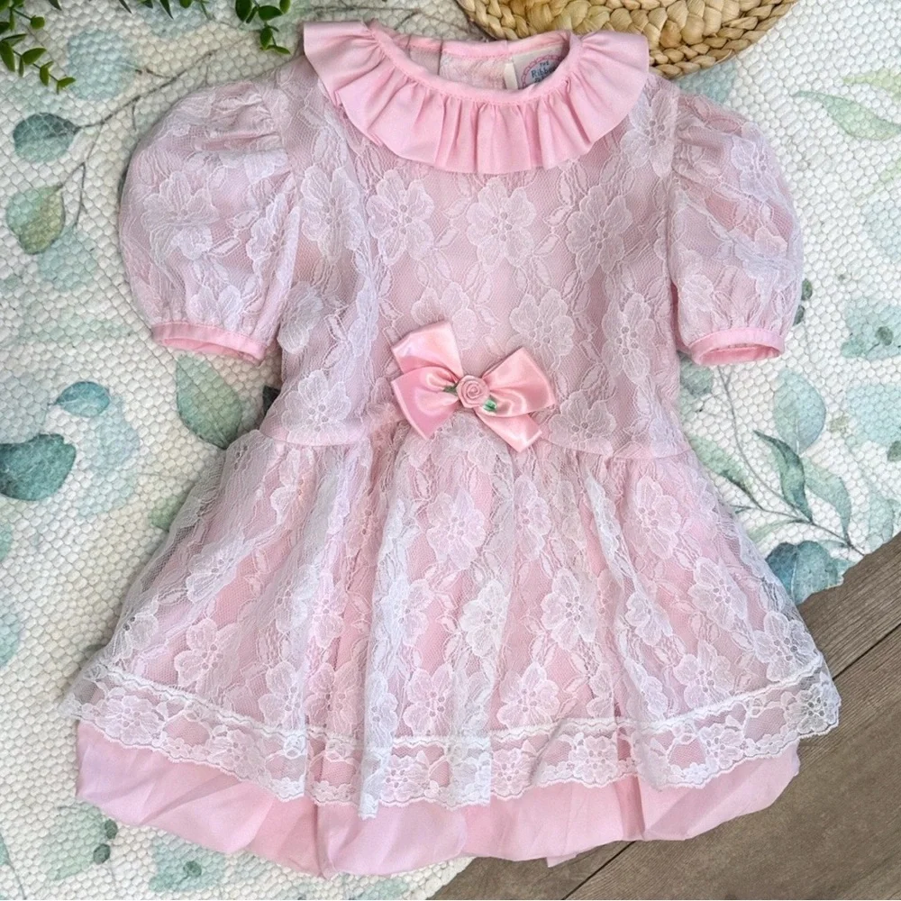 Vintage Toddler Girl Dress Pink White Floral Lace by Ribbons & Lace Collection